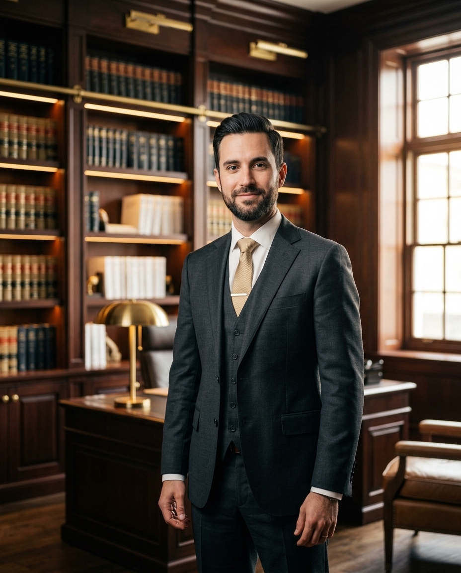 [Portrait de l'avocat dans son cabinet]